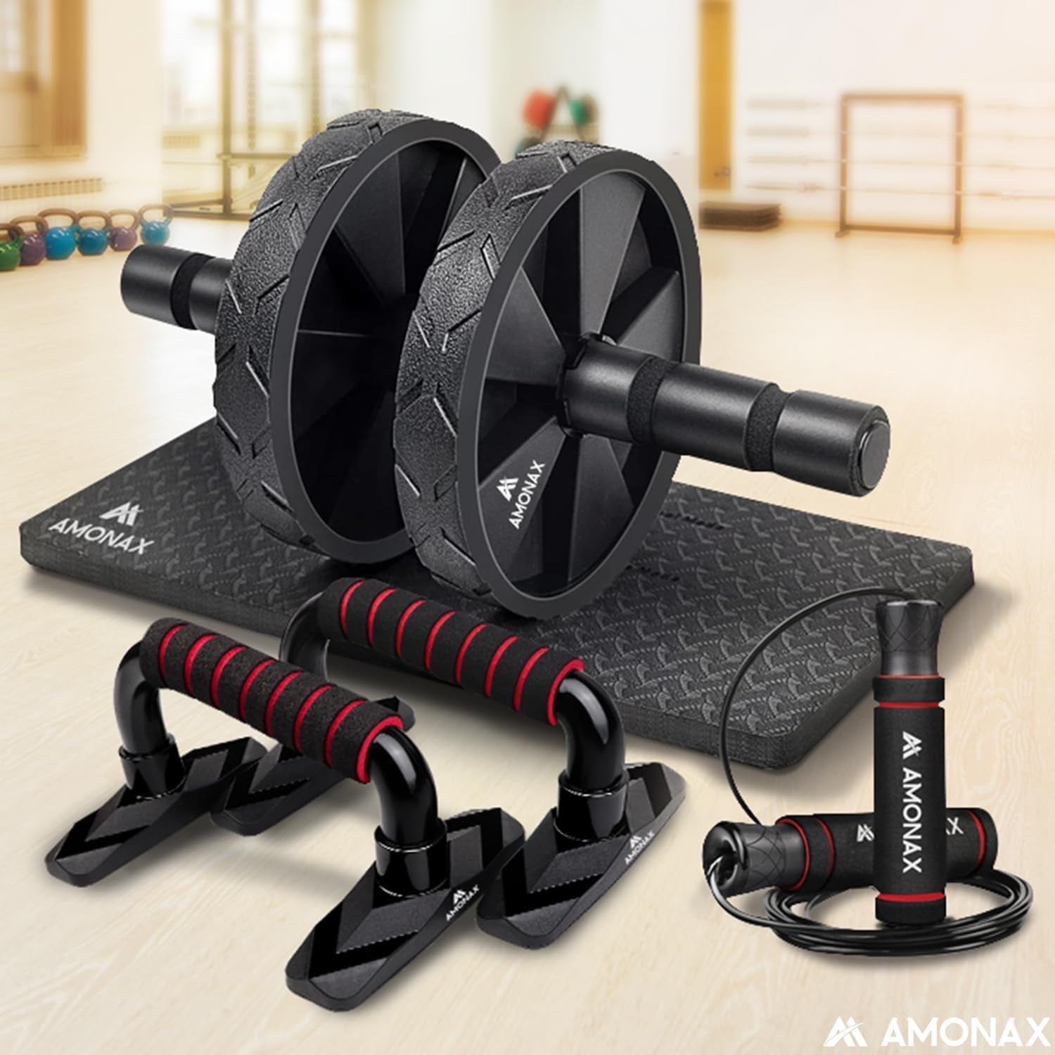 KIT - Rodillo De Rueda Para Abdominales Con Alfombrilla Grande Para Ejercitar Abdominales, Doble Rueda Con Modos De Entrenamiento De Fuerza Dual En El Gimnasio En Casa