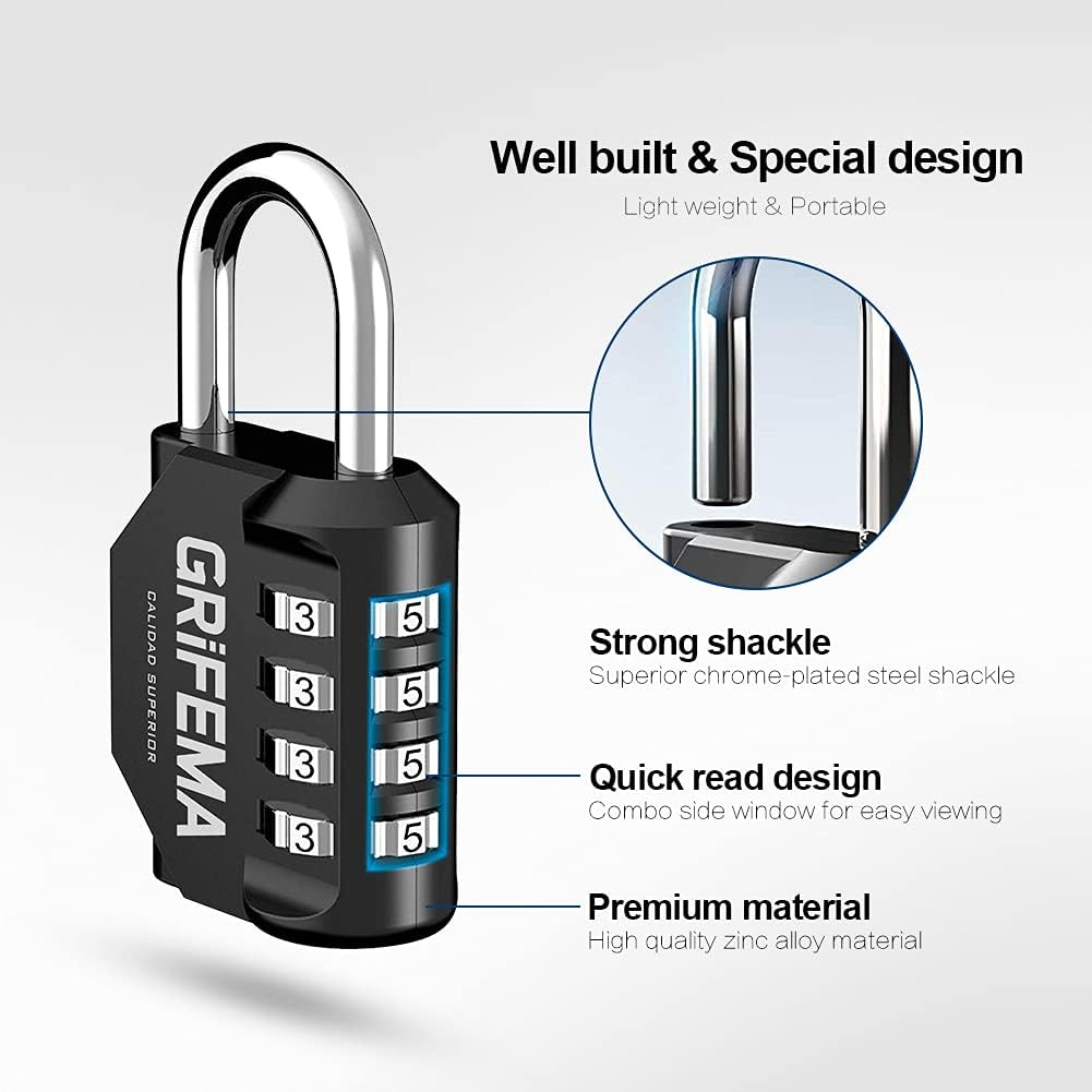 GRIFEMA GA1001-1 Candado De Combinación, Cerradura De Combinación De 4 Dígitos , Adecuada Para Gimnasio, Maleta De Equipaje Y Caja De Herramientasetc Etc, Negro