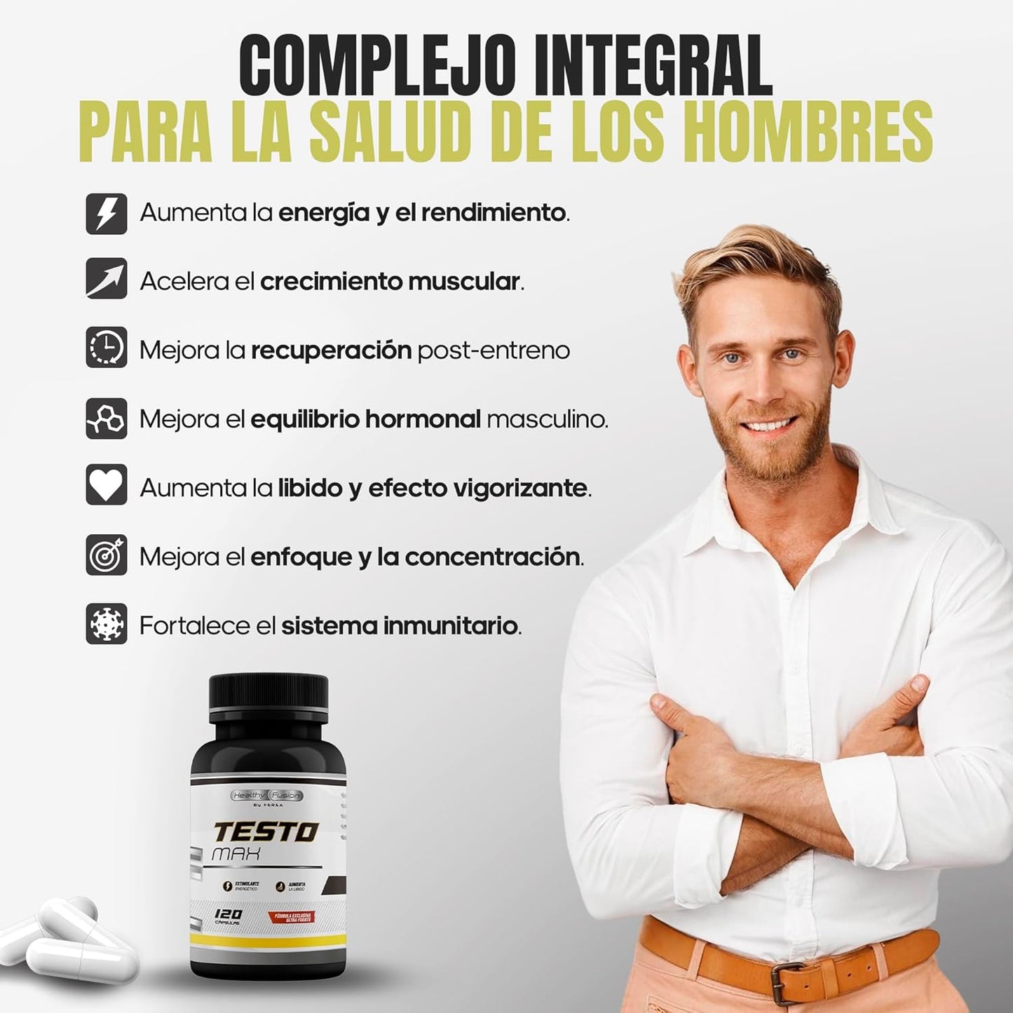 Testosterona Hombre | Energía, Fuerza, Musculación Y Vigor | Maca Andina, Ginseng, Tribulus Y Taurina | Estimulante Energético | Mejora El Rendimiento Deportivo Y Muscular | Vigorizante | 120 Cápsulas