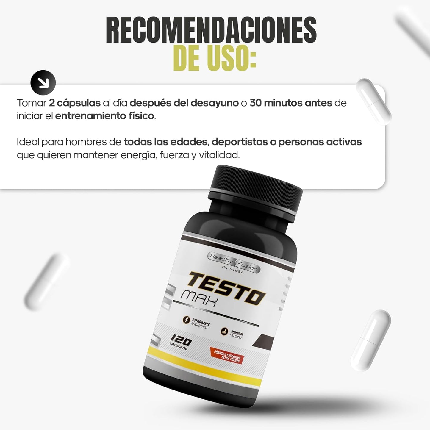 Testosterona Hombre | Energía, Fuerza, Musculación Y Vigor | Maca Andina, Ginseng, Tribulus Y Taurina | Estimulante Energético | Mejora El Rendimiento Deportivo Y Muscular | Vigorizante | 120 Cápsulas