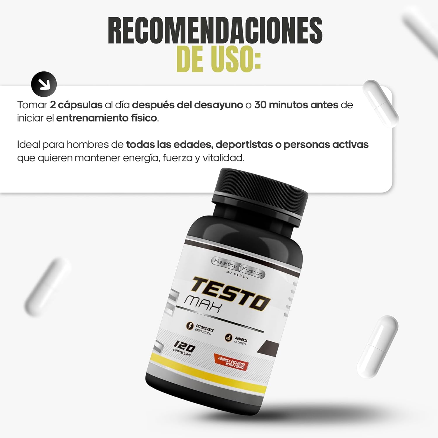 Testosterona Hombre | Energía, Fuerza, Musculación Y Vigor | Maca Andina, Ginseng, Tribulus Y Taurina | Estimulante Energético | Mejora El Rendimiento Deportivo Y Muscular | Vigorizante | 120 Cápsulas