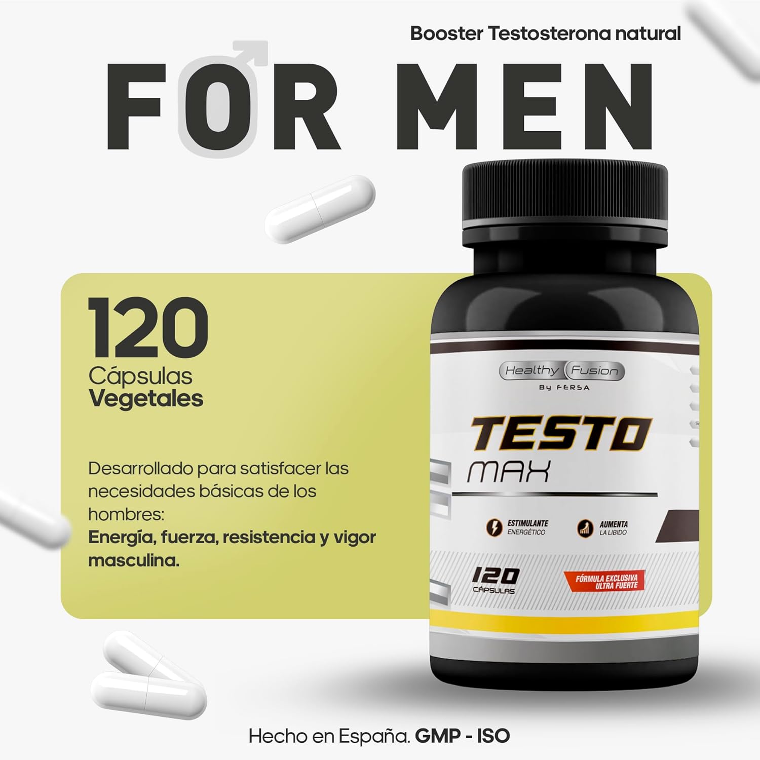 Testosterona Hombre | Energía, Fuerza, Musculación Y Vigor | Maca Andina, Ginseng, Tribulus Y Taurina | Estimulante Energético | Mejora El Rendimiento Deportivo Y Muscular | Vigorizante | 120 Cápsulas