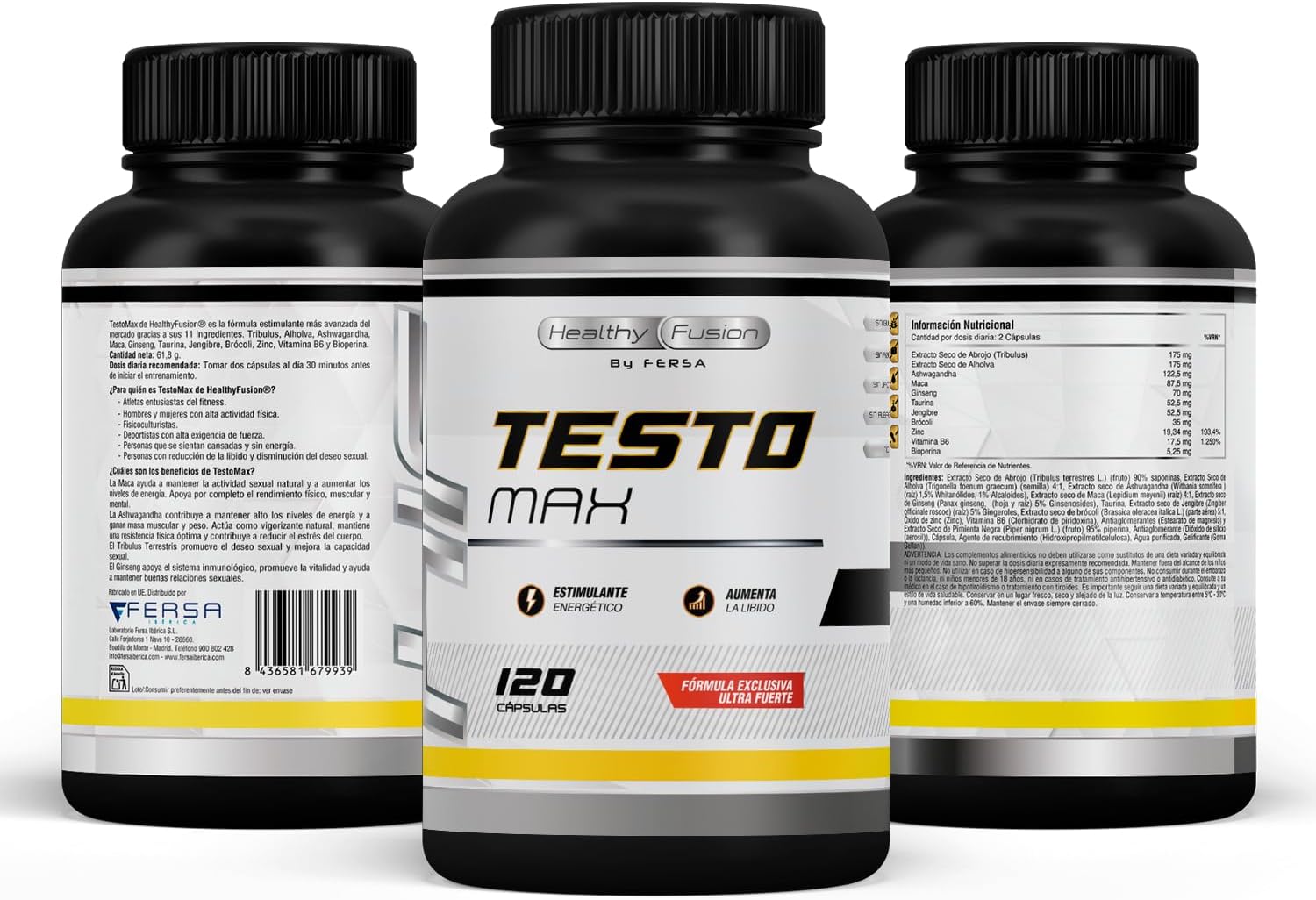 Testosterona Hombre | Energía, Fuerza, Musculación Y Vigor | Maca Andina, Ginseng, Tribulus Y Taurina | Estimulante Energético | Mejora El Rendimiento Deportivo Y Muscular | Vigorizante | 120 Cápsulas