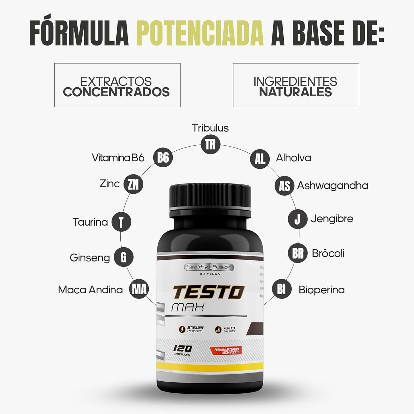 Testosterona Hombre | Energía, Fuerza, Musculación Y Vigor | Maca Andina, Ginseng, Tribulus Y Taurina | Estimulante Energético | Mejora El Rendimiento Deportivo Y Muscular | Vigorizante | 120 Cápsulas