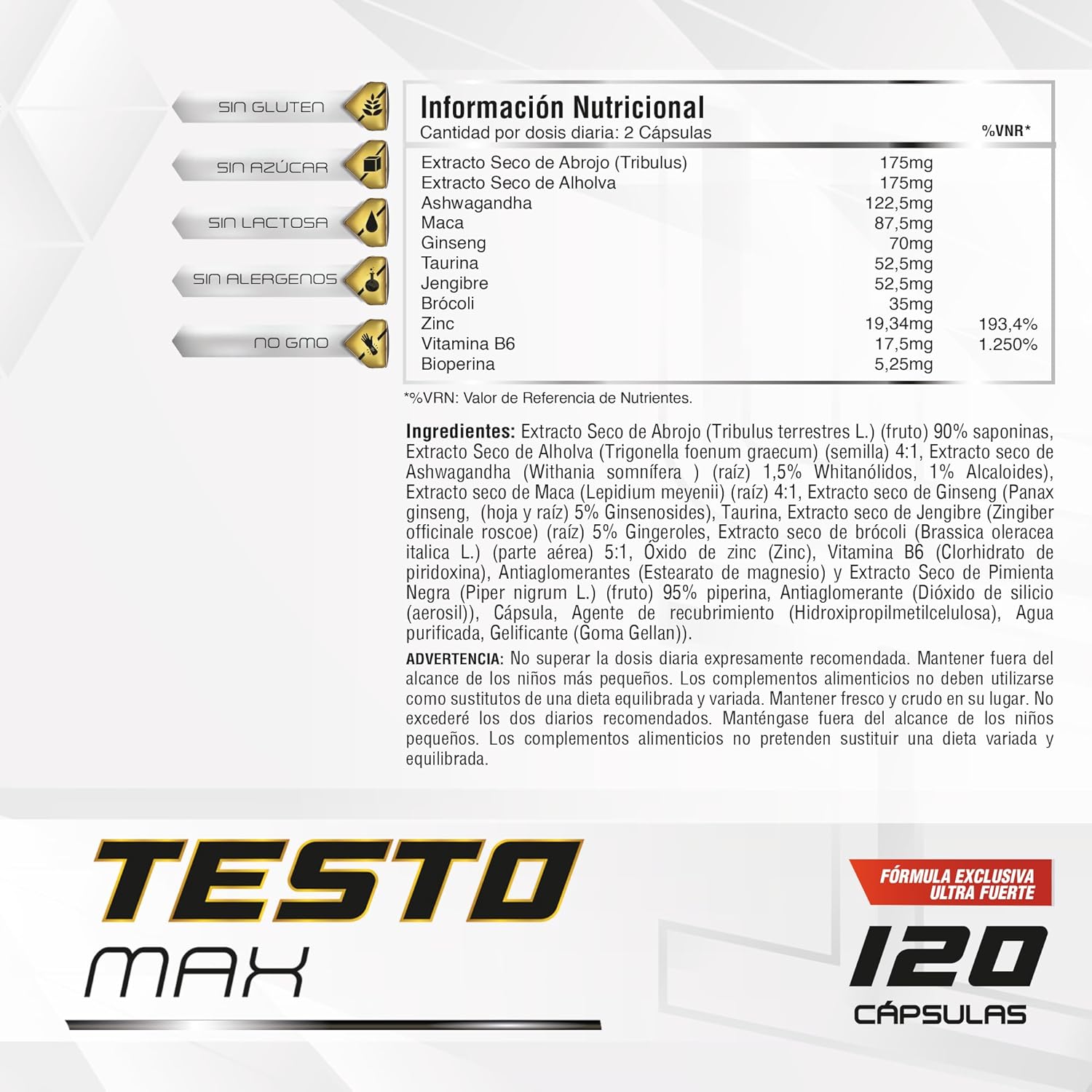 Testosterona Hombre | Energía, Fuerza, Musculación Y Vigor | Maca Andina, Ginseng, Tribulus Y Taurina | Estimulante Energético | Mejora El Rendimiento Deportivo Y Muscular | Vigorizante | 120 Cápsulas