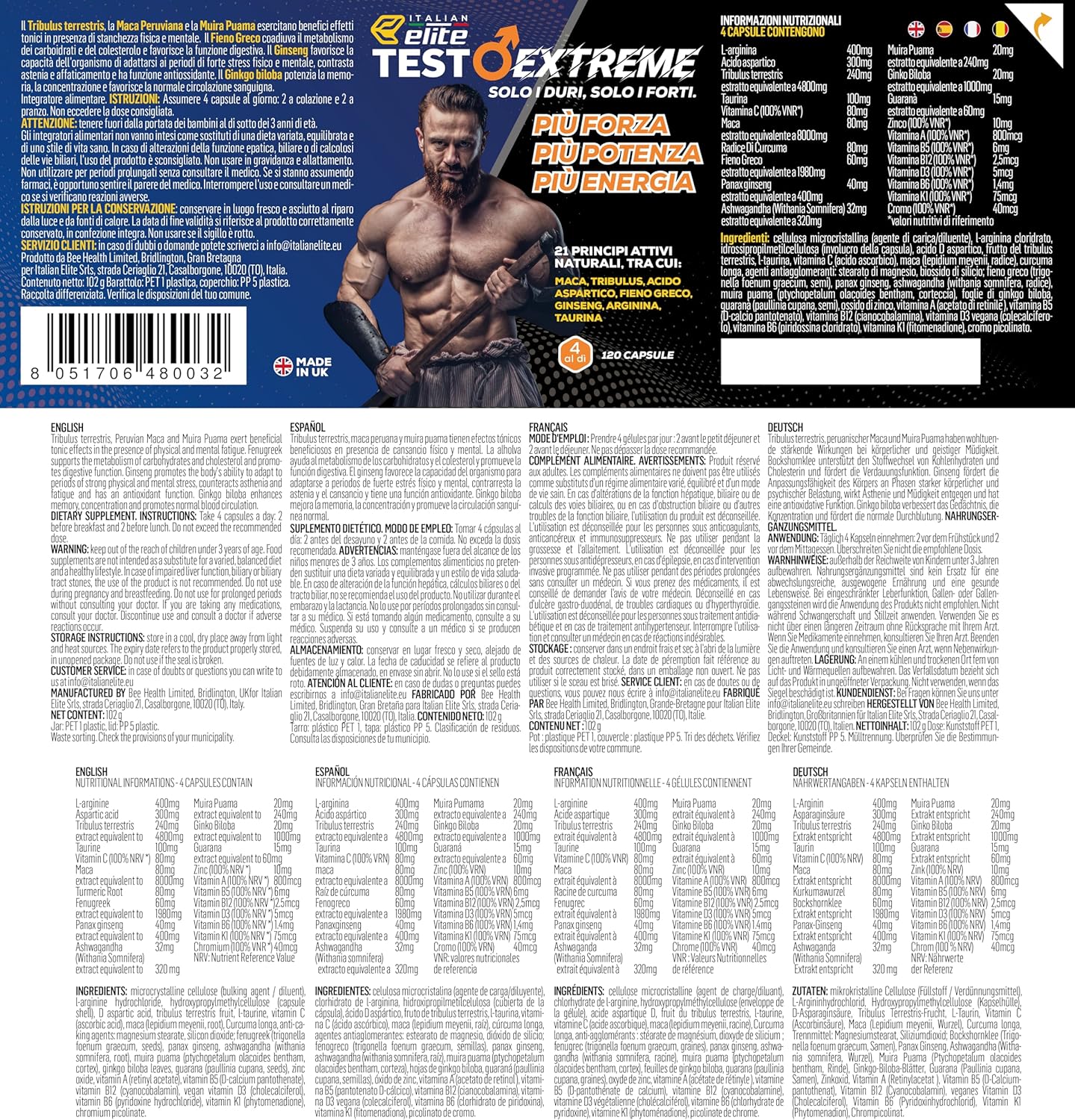 ® Testo Extreme 120 Cápsulas Maca 8000Mg. Potenciador Estimulante Natural De La Testosterona Con Tribulus, Fenogreco, Zinc, Arginina, Ashwagandha, Vitaminas Y Minerales.
