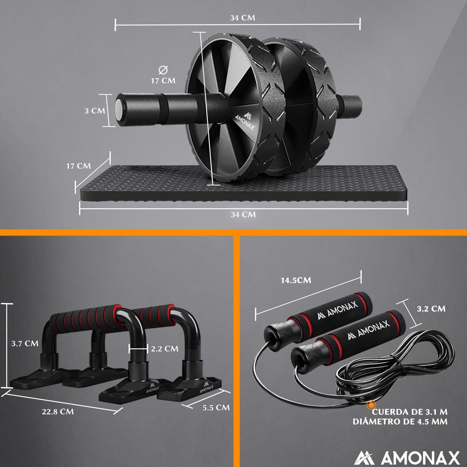 KIT - Rodillo De Rueda Para Abdominales Con Alfombrilla Grande Para Ejercitar Abdominales, Doble Rueda Con Modos De Entrenamiento De Fuerza Dual En El Gimnasio En Casa