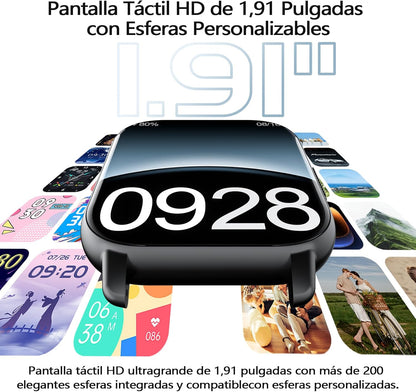 Reloj Inteligente Hombre Mujer, 1.91"HD Smartwatch Con Llamadas Bluetooth, IP68 Reloj Deportivo Con 112+ Deportivos Modos, Podómetro, Pulsómetro Monitor De Sueño, Pulsera Actividad Para Android IOS.