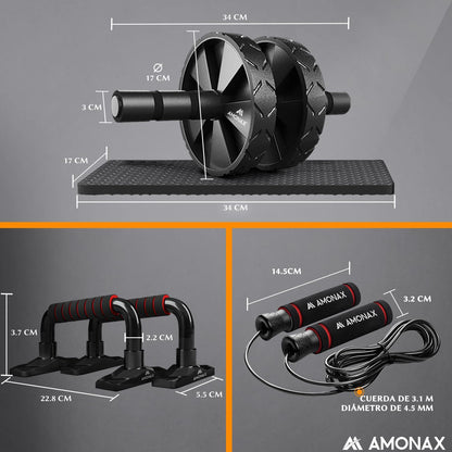 KIT - Rodillo De Rueda Para Abdominales Con Alfombrilla Grande Para Ejercitar Abdominales, Doble Rueda Con Modos De Entrenamiento De Fuerza Dual En El Gimnasio En Casa